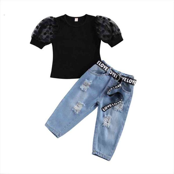 

fashion kids girls clothes sets lace puff sleeve t shirts denim pants letter belt 3pcs, White