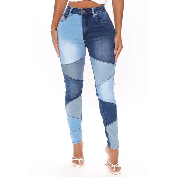 

women's jeans wepbel black women streetwear high waist stitching dark denim elegant trousers bodycon calf length pants, Blue