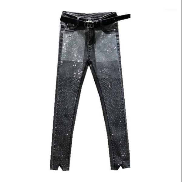 

women's jeans tight for women spring autumn high waist slim rhinestones denim pants female stretch pencil, Blue