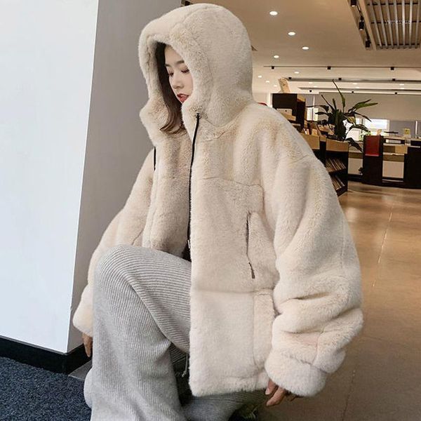 

women's fur & faux 2021 autumn and winter imitation coat female rex grass hooded plush loose, warm fashionable, Black