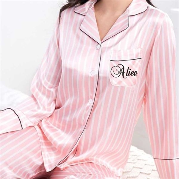 

2 piece personalized name women sleepwear faux silk satin pajamas set long sleeve suit female homewear 211116, Black;red
