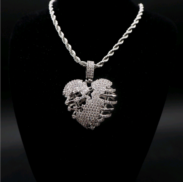 

pendant necklaces high-quality broken hollow out heart hip-hop american style necklace men's jewelry zircon inlaid with shining hiphop, Silver