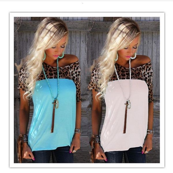 

women's t-shirt summer womens t shirts tees spring short sleeved t-shirt leopard splicing short-sleeved patchwork styles tshi, White