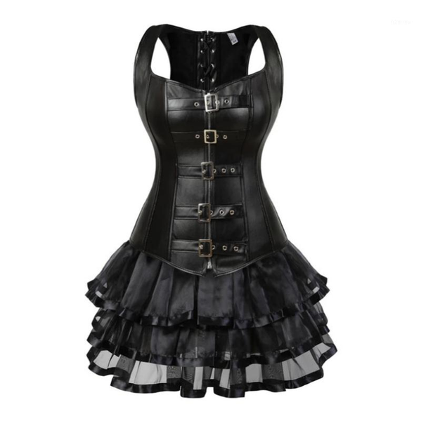 

steampunk lace up back waist trainer body shaper buckle bustier overbust corset dress faux leather corsets mini skirt tutu plus bustiers &, Black;white
