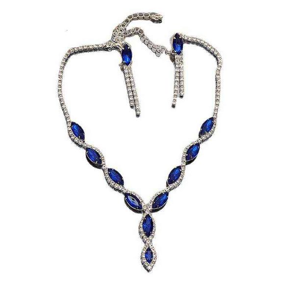 

red blue purple rhinestone necklace earrings two piece suit banquet dress necklace accessories, Silver