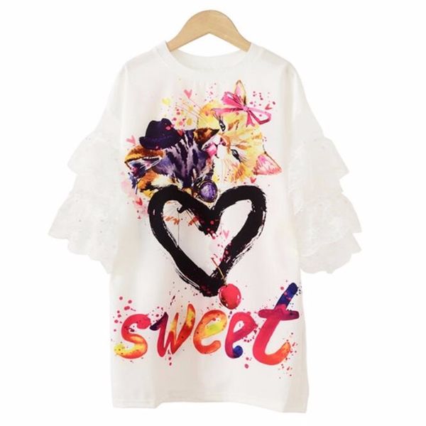 

3-18 years teens girls fun graffiti double-sided digital printing yarn sleeve t-shirt dress for children cute clothes 211025, Red;yellow