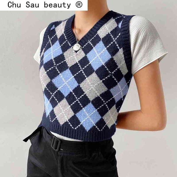 

fashion argyle plaid knitted tank women knitwear preppy style y2k v neck pullovers casual crop sweater vest female 210508, White