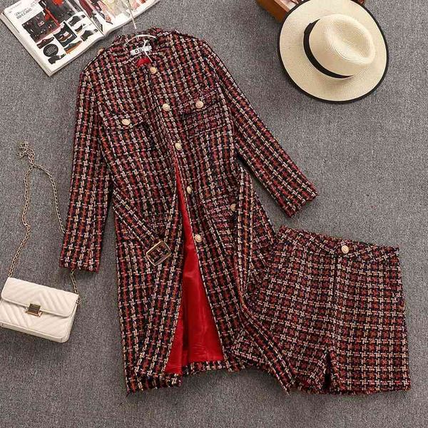 

retro tweed trench and shorts 2 piece set fall winter plaid single-breasted long woolen coats with short pants ladies suit 210525, White