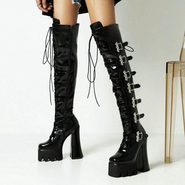 

boots punk style platform women square high heel over the knee patent leather zipper ladies motorcycle autumn winter, Black