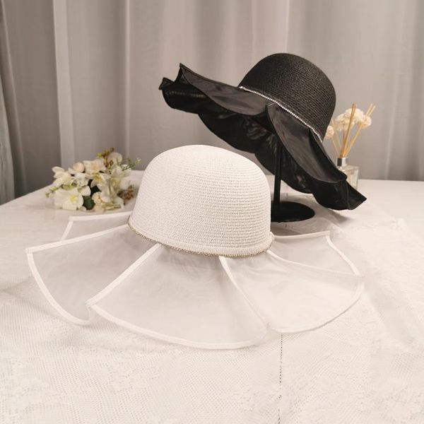 

french ladies retro mesh stitching straw hat rhinestone fabric big brimmed goddess ruffled seaside vacation wide brim hats, Blue;gray