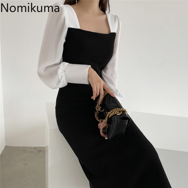 

nomikuma robe femme contrast color patchwork vintage dress square collar long sleeve mid calf slim dresses korean style 3c734 210514, Black;gray