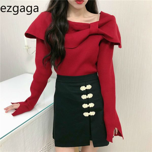 

ezgaga tender knit sweater women autumn new slash neck bowknot slim thin solid ladies pullover fashion elegant 210430, White;black