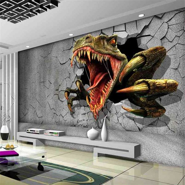 Пользовательские размеры 3D стерео кирпичная стена современного творческого искусства стены картина динозавра сломанные украшения стены живущая комната Po обои 210722