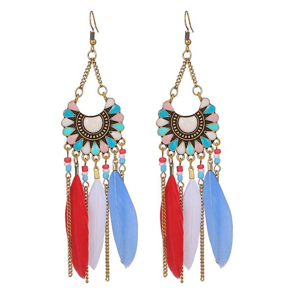 

boho summer blue long red feather earrings for women vintage silver color flower beads tassel earings fashion jewelry oorbellen