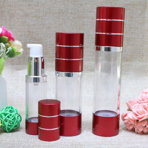 

15ml 30ml 50ml wine red refillable bottles with silver line portable airless pump dispenser bottle for travel lotionf20211965 storage & jars