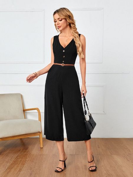 

emery rose button detail sleeveless culottes jumpsuit s2bg#, White
