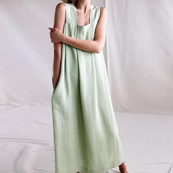

casual dresses fairynatural ladies retro sleeveless ramie simple 2021 spring summer women french loose square collar dress 3 colors, Black;gray