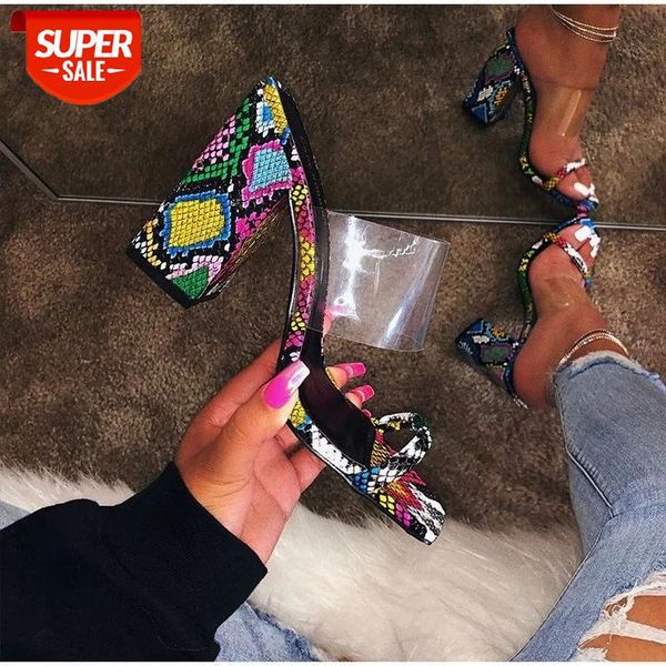 

seller thick-heeled snakeskin print transparent slippers high-heel party sandals plus size #eb9j, Black