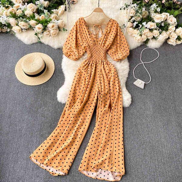 

women's tracksuits summer women jumpsuit 2021 fashion polka dot print v-neck half sleeve high waist bohemian style wide leg pants, Gray