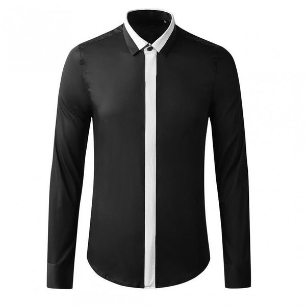 

black and white splice mens shirts luxury long sleeve casual party dress 100% cotton slim fit male 3xl men's, White;black