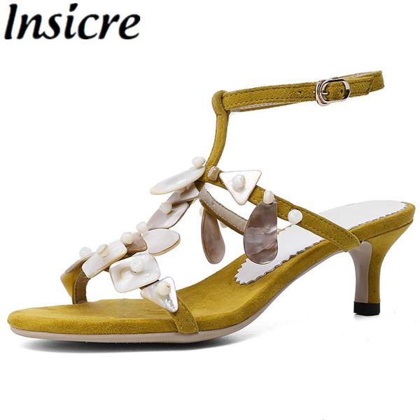 

insicre women sandals kid suede conch round toe thin heel buckle lemon yellow 2021 summer high shoes fashion handmade, Black