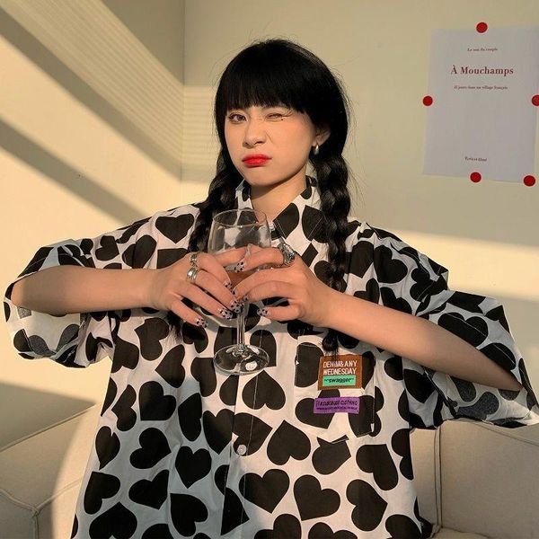 

women's blouses & shirts deeptown hip hop shirt women korean button up oversized harajuku heart print for teens streetwear 2021 chic, White