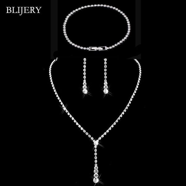 

earrings & necklace blijery silver color simple crystal bridal jewelry sets long drop bracelet set for women wedding