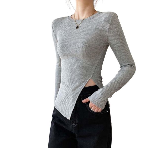 

women's t-shirt 2021 spring design shirts for women fashion long sleeve split slim round neck pullover bottoming shirt, White