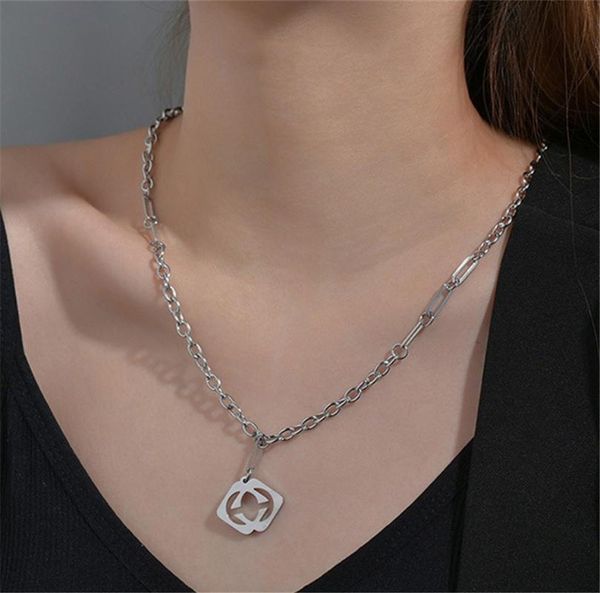

stainless steel overlapping geometry pendant necklace elegant paperclip design short no fade necklaces, Silver