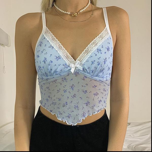 

sweet floral print lace womens tanks mesh patchwork y2k with thin strap backless v neck cute sleeveless crop outfits, White