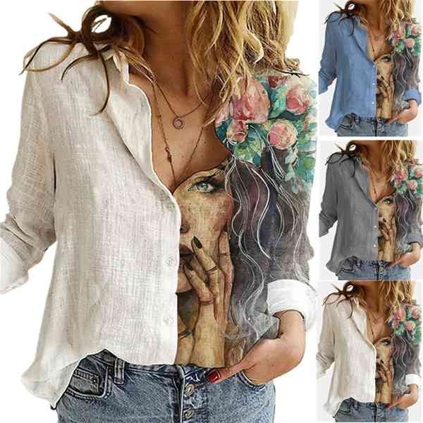 

casual patchwork floral portrait shirt autumn women vintage button long sleeve blouses loose office shirt femme plus size blusa x0521, White