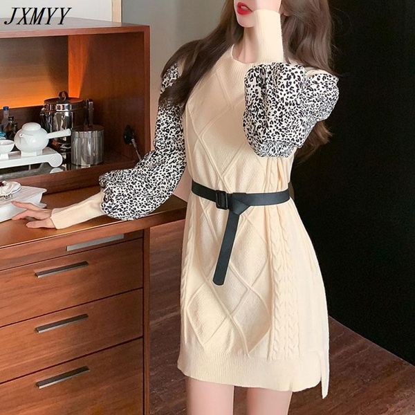 

fashion style slim sweater knitted long sleeve stitching round neck waist dress female t: 1219 casual dresses, Black;gray