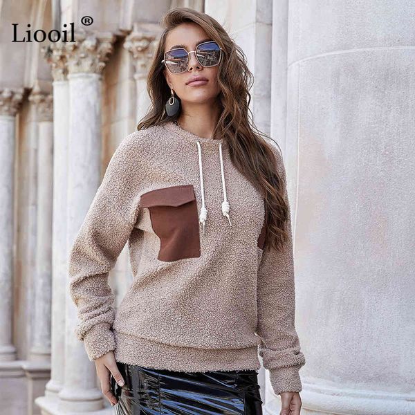 

sweatshirts casual apricot sweatshirt women patchwork pockets drawstring long sleeve o neck female autumn winter and pullovers sdu8, Black