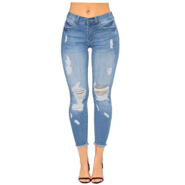 

women's jeans cropped ripped solid pants, Blue