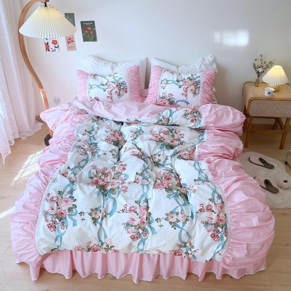 

pastoral floral print bedding set  king size 4pcs pink lace ruffle princess duvet cover bedspread bed skirt 100% cotton sets