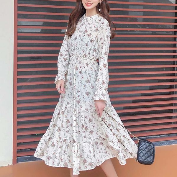 

women dress flare sleeve white and black dresses spring elegant dress print a-line stand collar chiffon 3275 50 210521, Black;gray