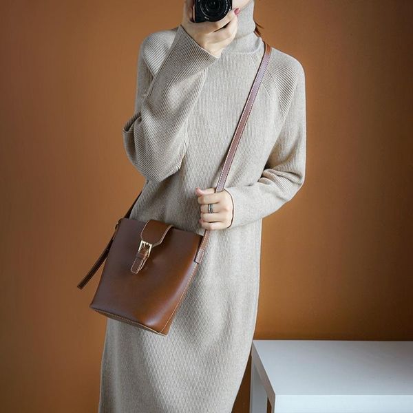 

women's trench coats long sweater in autumn and winter high neck one-piece over knee knitted dress with coat loose bottom skirt, Tan;black