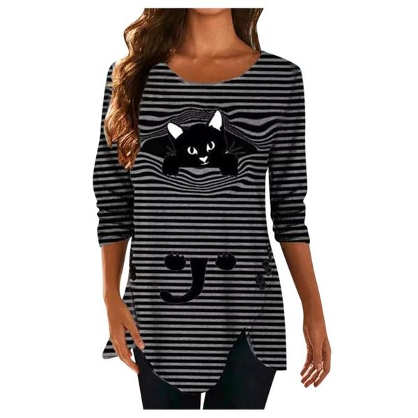 

women's t-shirt striped cat print fashion casual long-sleeved retro classic black white o-neck pullover women street tshirt