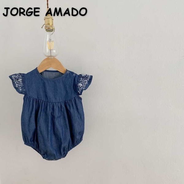 

summer baby girl bodysuit solid color embroidery sleeves denim jumpsuit born cute style kids clothes e2459 210610, Blue