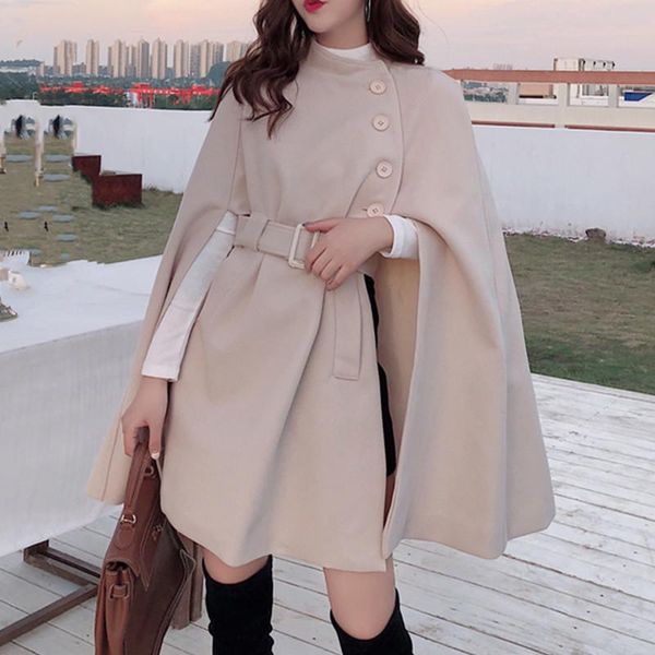 

women's wool & blends cloak length 2021 fashion women single breasted elegant creamy white autumn korean style woolen coats, Black