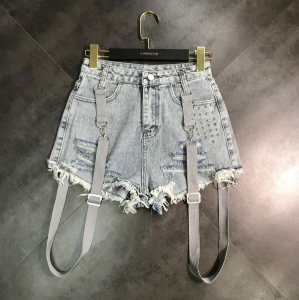 

women's jumpsuits & rompers black strap mini denim shorts women jeans fashion hole tassel rivets removable jumpsuit r87, Black;white