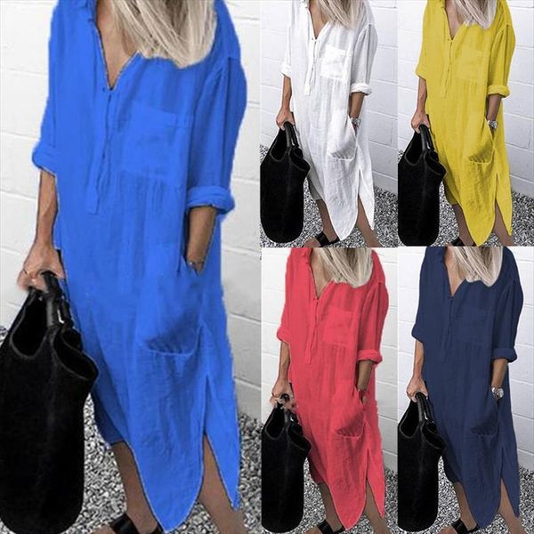 

spring casual hemp split lapel womens dress long sleeve white elegant official vestidos female tunic robe 5xl, Black;gray