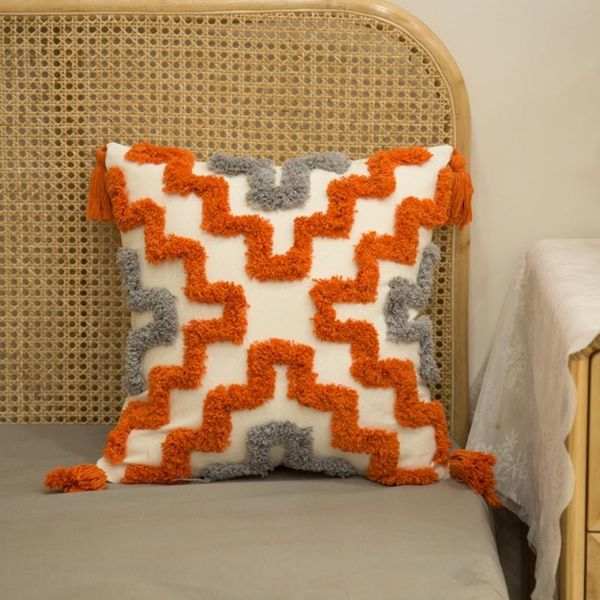 

pillow case nordic style orange gray tufted throw with tassel boho woven embroidery geometric striped decorative square cushion