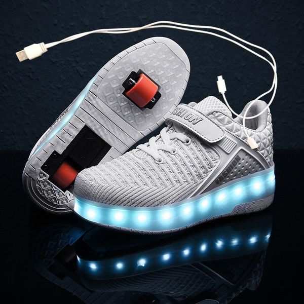 

pink usb charging fashion girls boys led light roller skate shoes for children kids sneakers with wheels two, Black;red