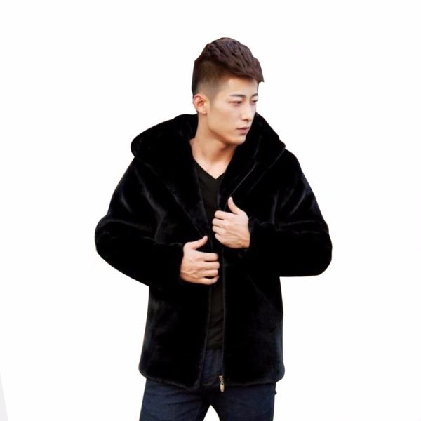 

men's fur & faux 2021 winter men coats warm short hooded jackets slim zipper mink outerwear four color, Black