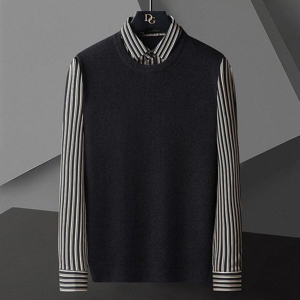 

men's sweaters korean fashion stripe stitching knitted sweater shirt collar fake two piece shirts business black, White;black