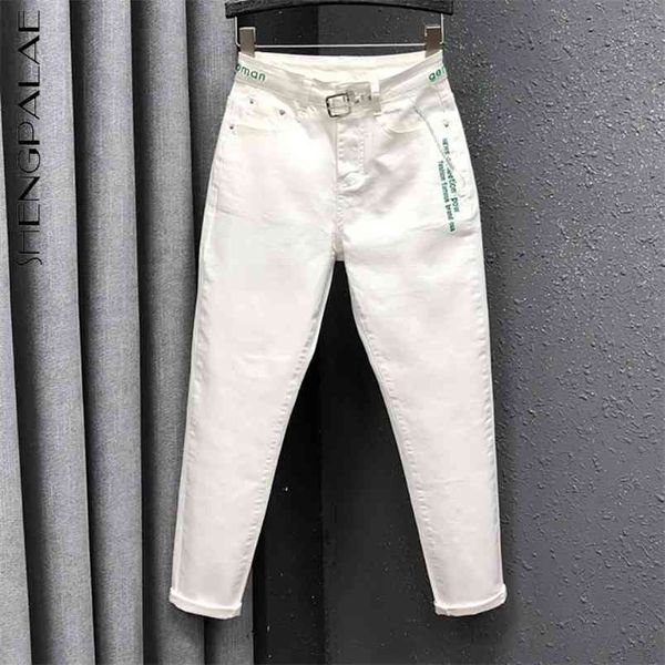 Leite Branco Bordado Jeans Mulheres Primavera Cintura Alta Slim Casual Denim Harem Radish Calças Feminino 5B921 210427