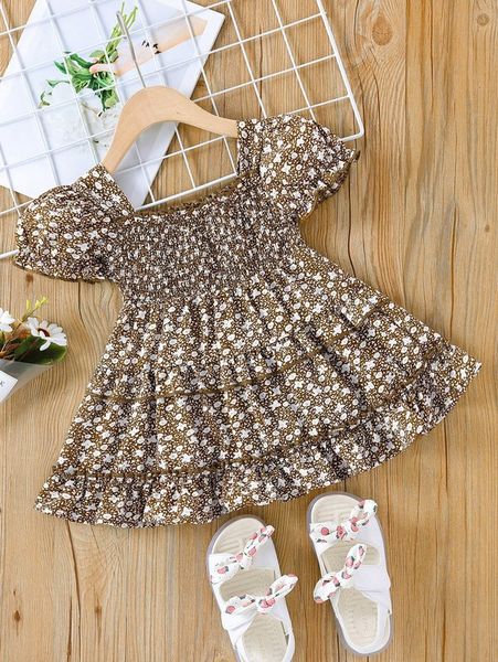 

baby girl ditsy floral shirred layered dress she, Red;yellow