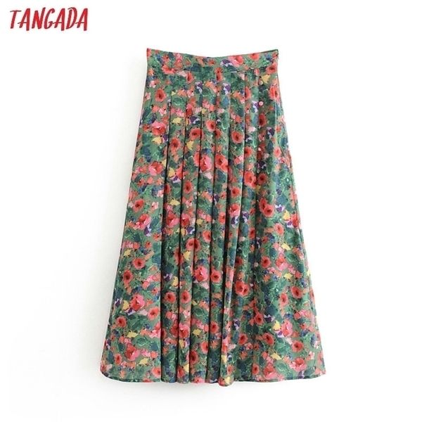 

tangada women french style floral midi skirt faldas mujer vintage zipper office ladies elegant chic mid calf skirts 1t10 210325, Black