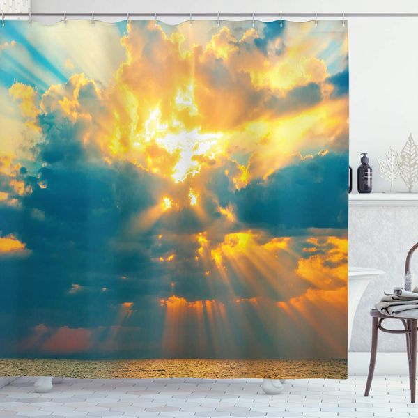 

landscape shower curtain, majestic yellow rays of sun breaking through the storm clouds image, cloth fabric bathroom decor set
